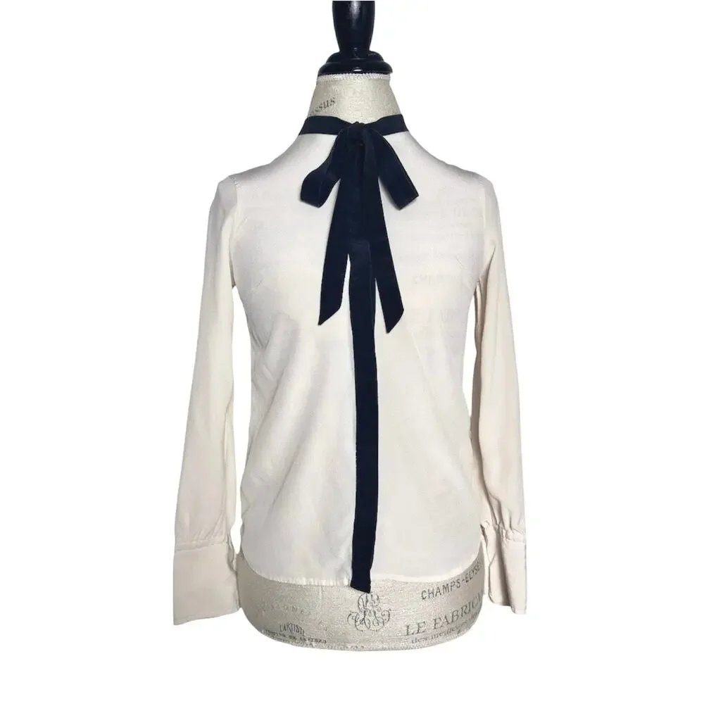 J. Crew | Women | 100% Silk Drape Collarless Bow Tie Button Up Blouse | Size 00